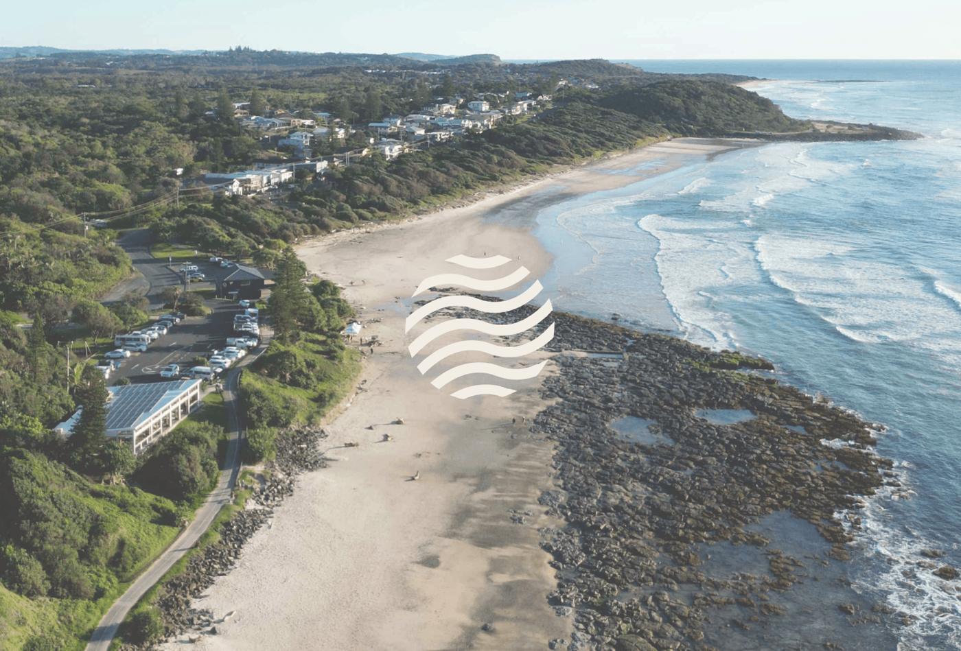 Aerial view of a Northern Rivers beach and coastline with the Osprey wave mark on the sand